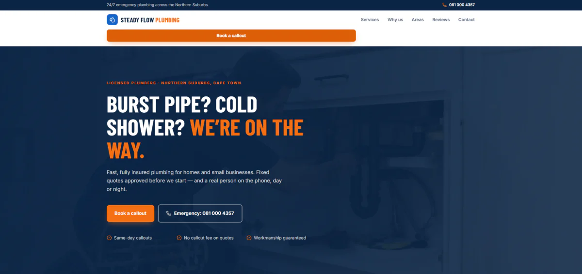 Steady Flow Plumbing sample website mockup