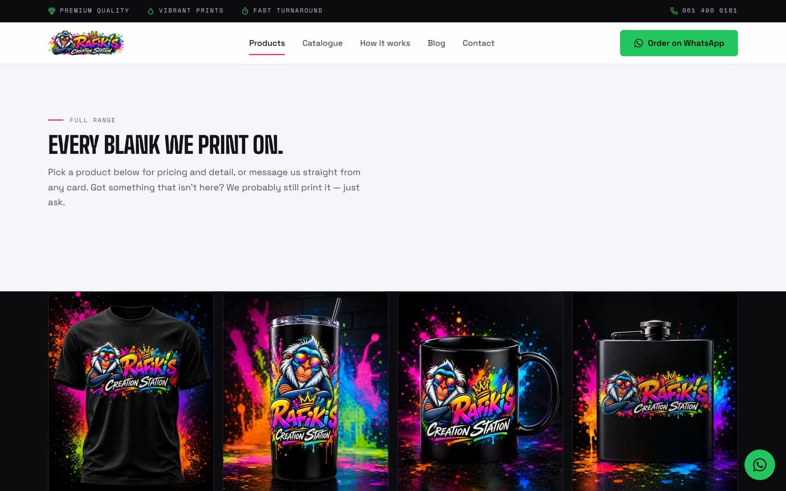 The products page of the Rafiki's Creation Station website