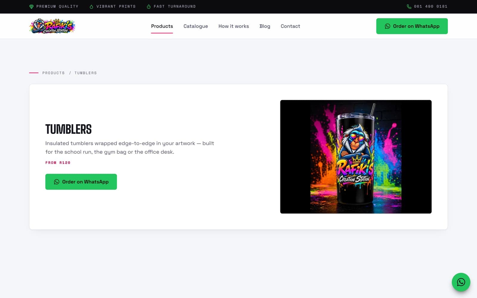 The tumblers page of the Rafiki's Creation Station website