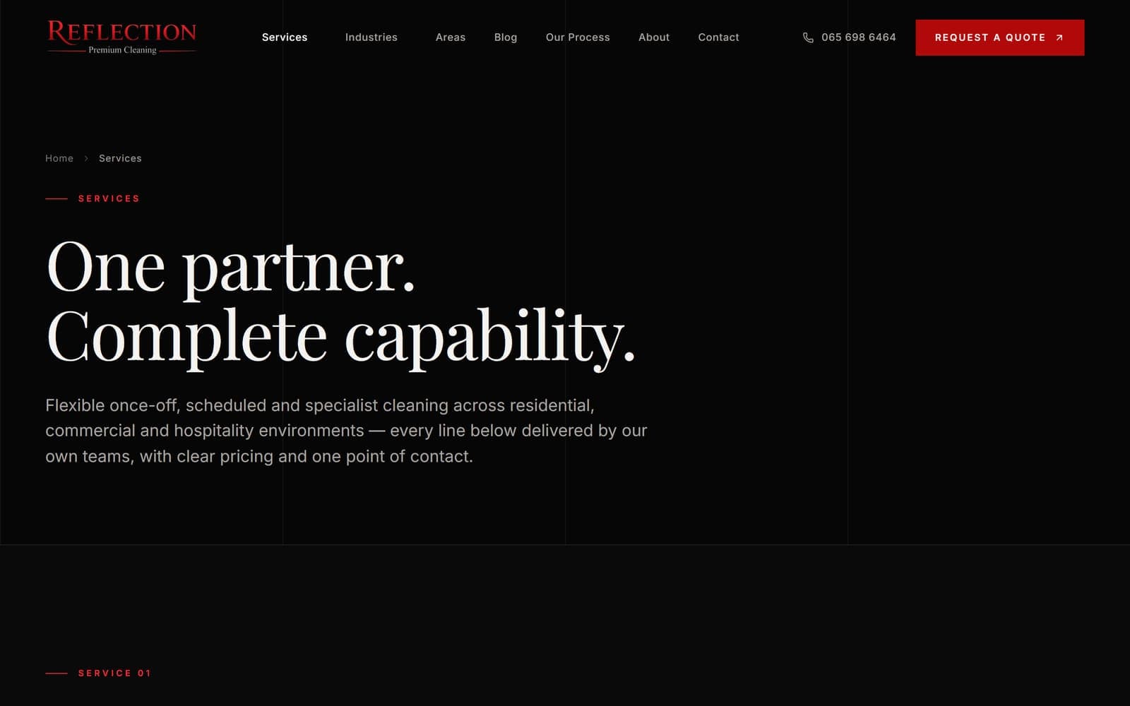 The services page of the Reflection Cleaning website