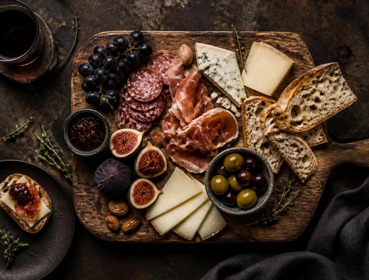 Charcuterie and cheese board with figs, olives and sourdough