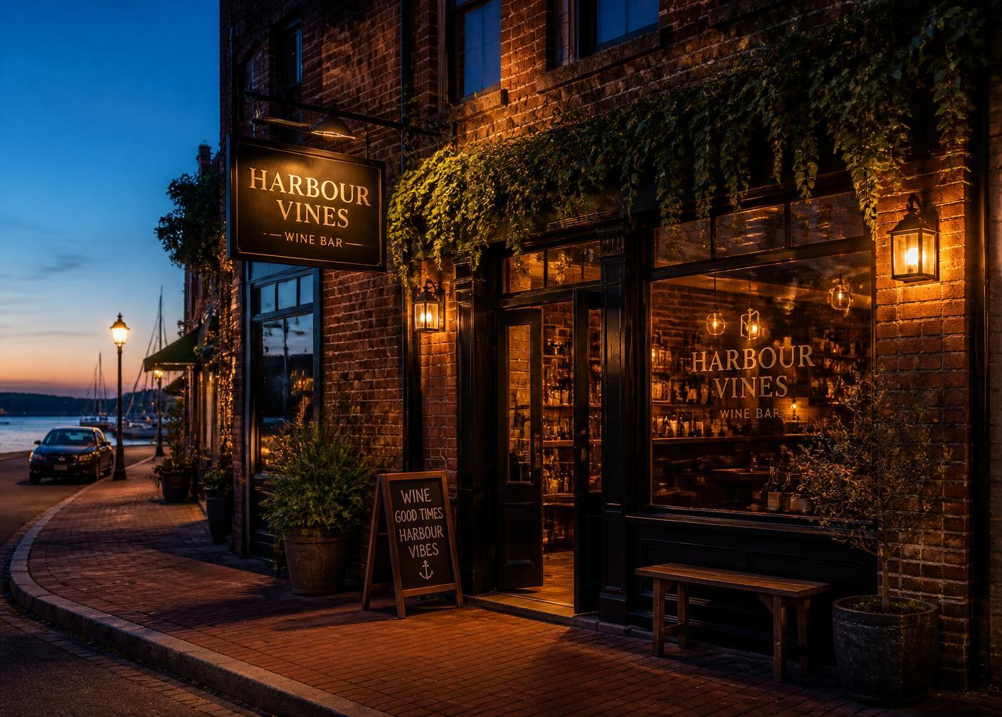 The Harbour & Vine storefront glowing at blue hour