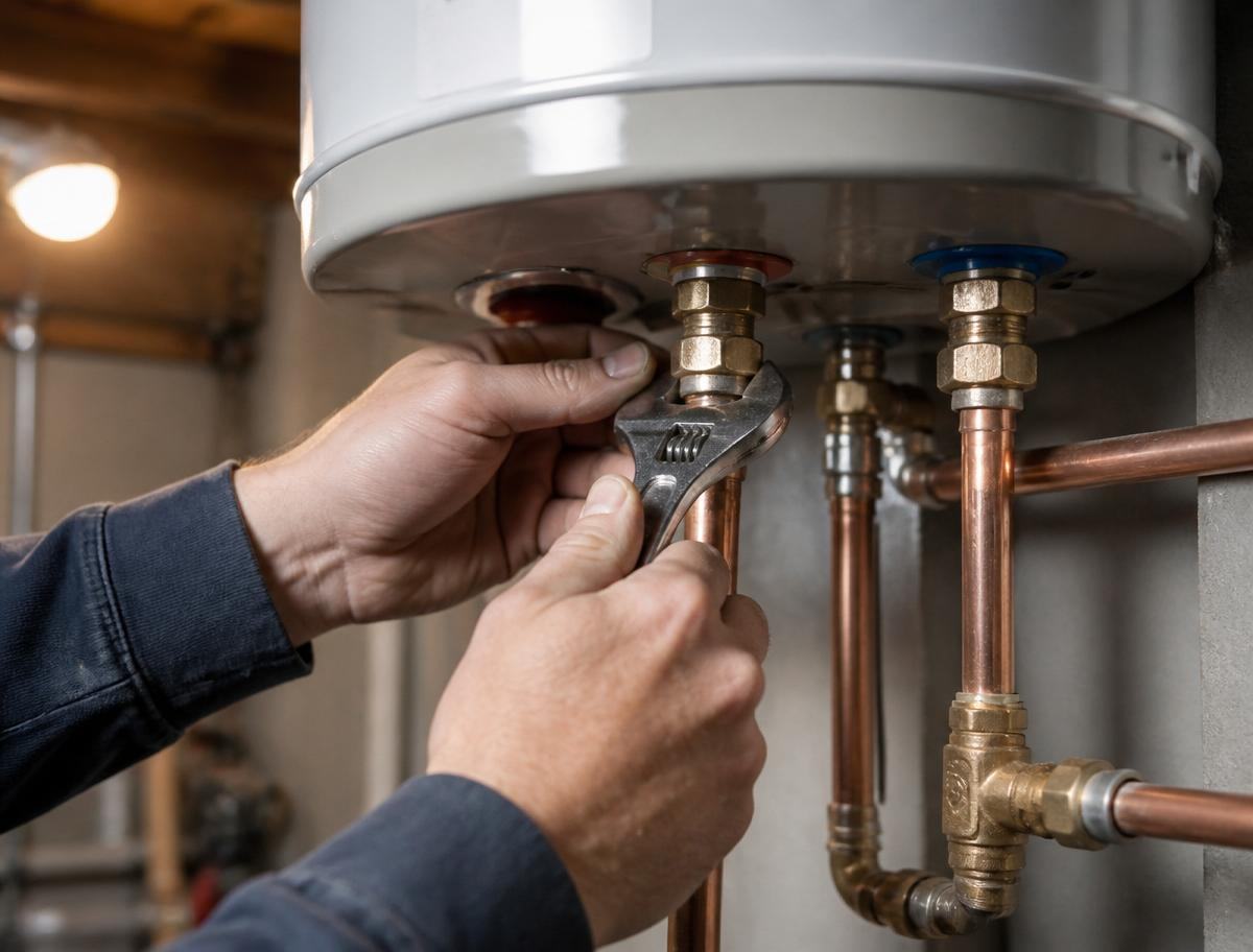 Plumber fitting copper pipework to a geyser